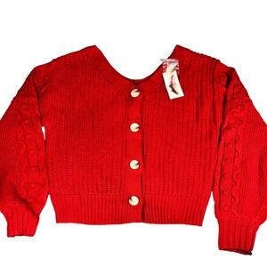 Jessica Simpson Red Chunky Cable Knit Cropped Cardigan Sweater XS